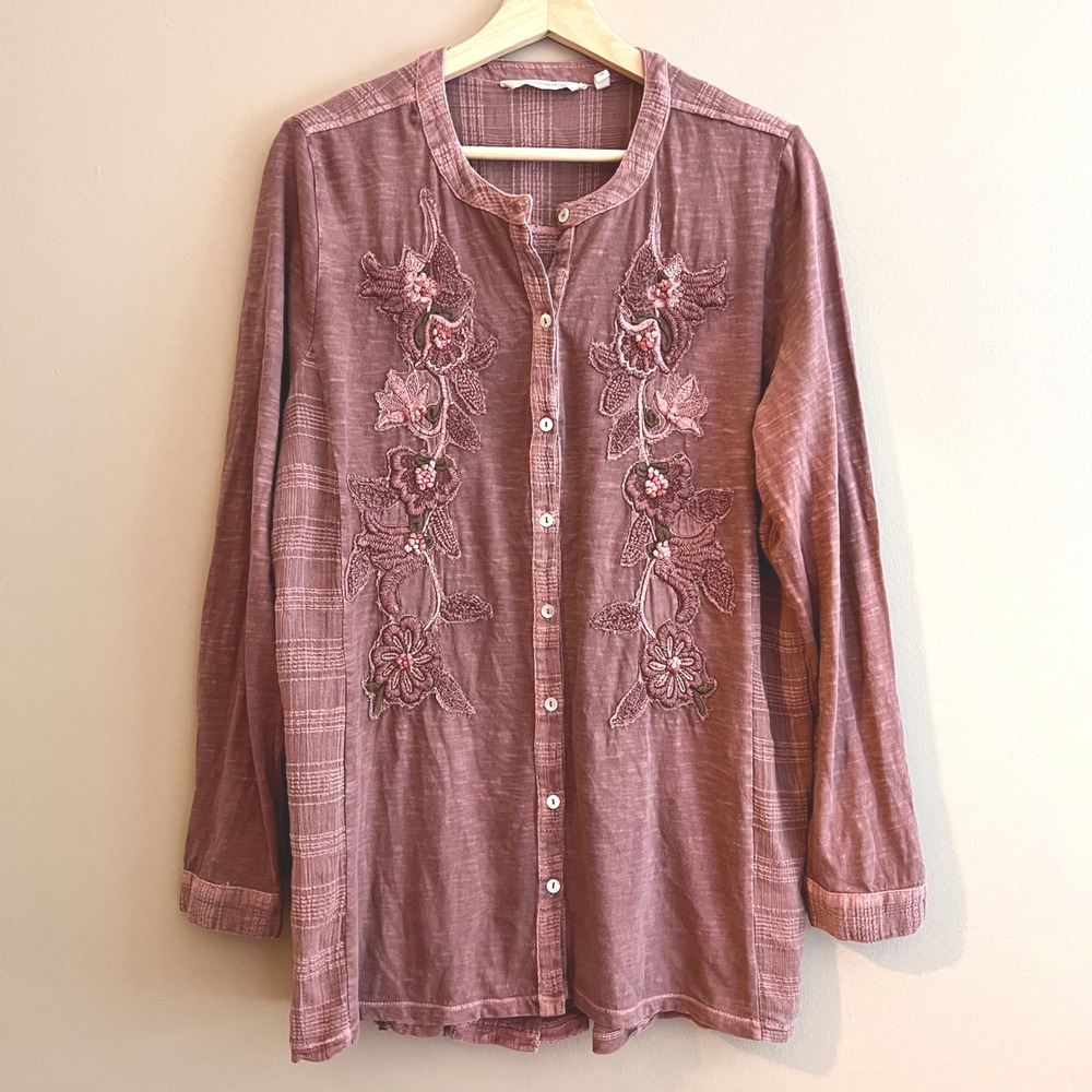 Soft Surroundings XL Mauve Floral Embroidered Button Down Tunic Top Boho Rose